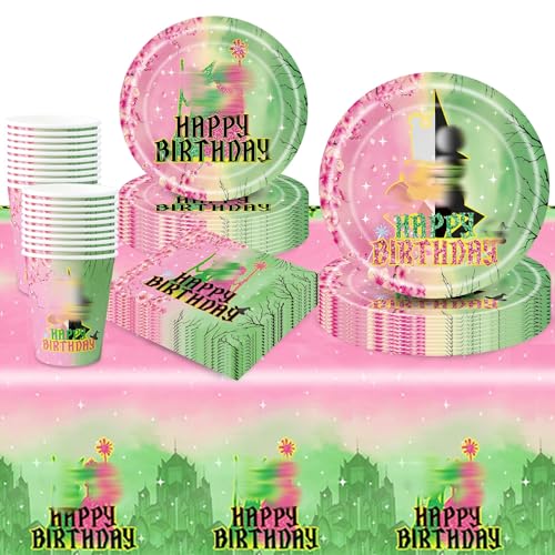 81Pcs Witch Birthday Decorations Pink & Green Party Decorations Kids Party Tableware Set Movie Theme Birthday Party Plates Cups and Napkins Tablecloth 20 Guests