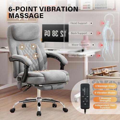Image of 500LBS Massage Office Chair, 6 Points Vibration & Heat Executive Office Chairs, 135Reclining Comfy Desk Chair with Foot Rest, Wider & Thicker Seat Cushion, Fabric Big and Tall Gaming Chair, Grey