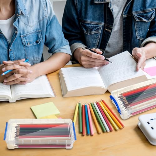 Image of Gueevin 12 Pcs Large Capacity Plastic Pencil Box Clear Plastic Pencil Case Crayon Box with Snap Tight Lid Watercolor Pen Storage Brush Organizer Drawing Tools Container (Blue)