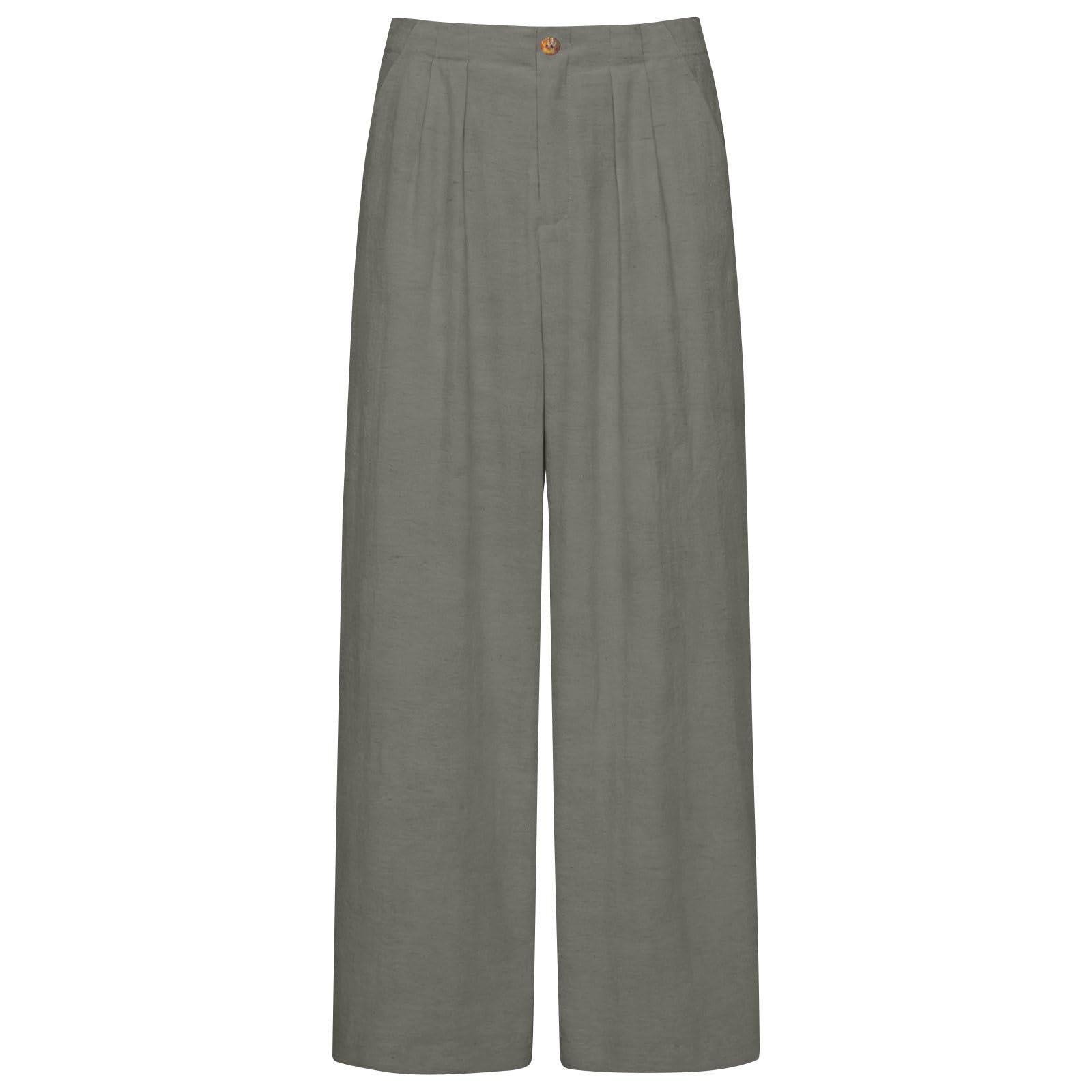 AACH Leinenhose Damen Sommer Stoffhose Lang Weites Bein Hose Einfarbig Leicht Sommerhose Musselin Gerade Geschnitten Hosen Knöpfen Reißverschluss Freizeithose mit Taschen Anzughose - 5