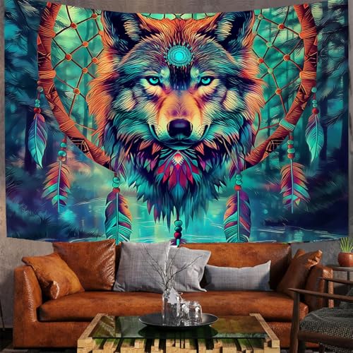 Tapiz de lobo turquesa místico para transformar tu dormitorio en un refugio de paz 2