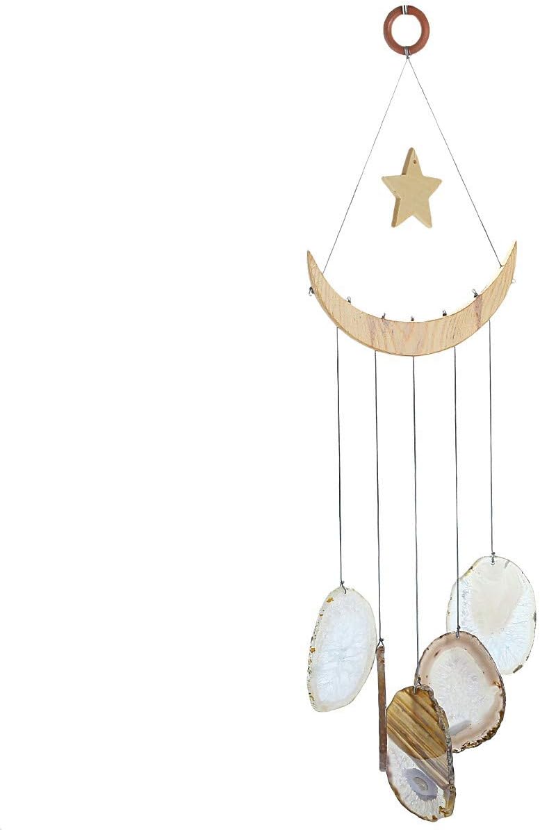 SUNYIK Handmade Natural Agate Slice Wind Chime for Garden Home Decor Window Ornament, Original Color, Star/Moon, 15-19 inch