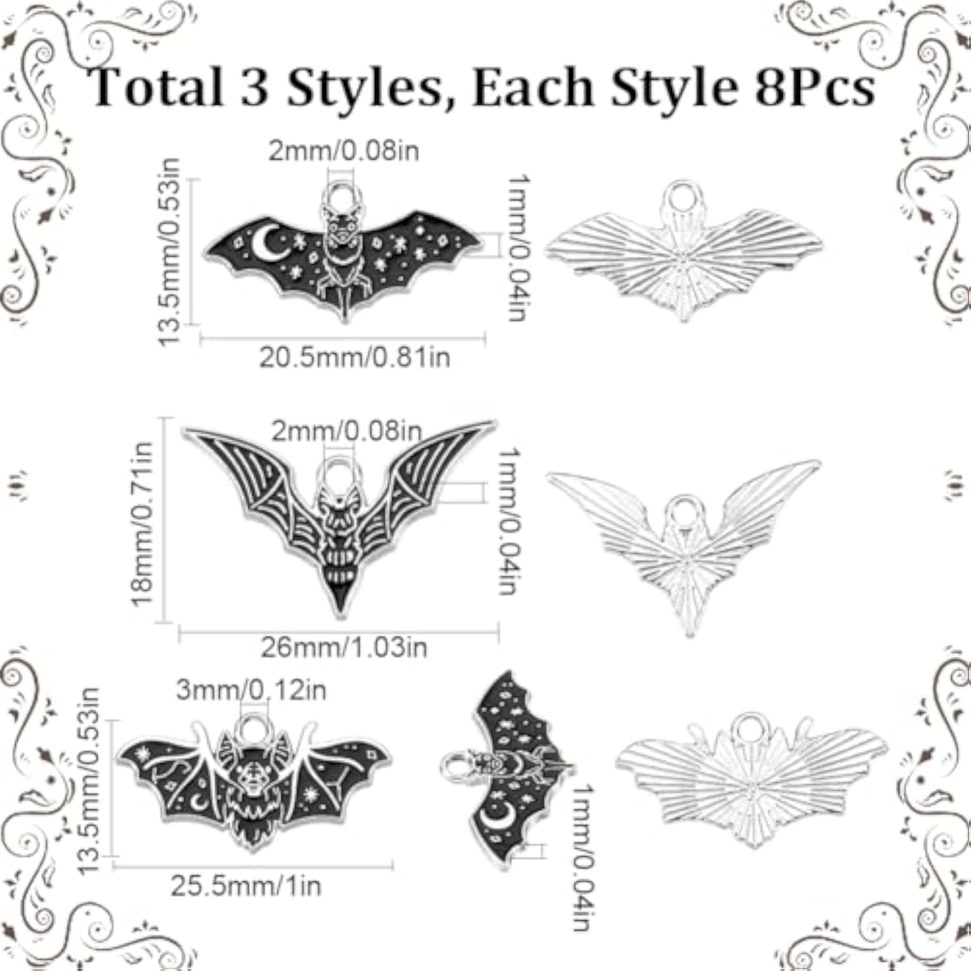 24 Black Enamel Gothic Bat Charms for Halloween Jewellery