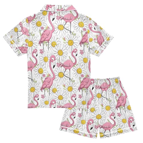 ALAZA Flamingo Daisy Flower Floral Pajamas Satin Pajama Set Short Sleeve Button Down Sleepwear2