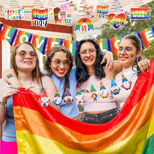 Image of Gay Pride Rainbow Party Decorations - Hanging Swirls & Banners, Love is Love Pride Month Decor for Lesbian Bisexual Transgender LGBTQ Home Office(44PCS)