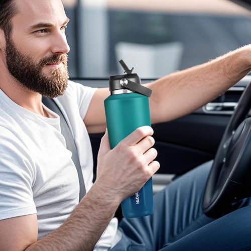 Image of HYDROWION 40 oz Insulated Water Bottle, Car Water Bottle Holder - Double Wall Vacuum Insulated Travel Bottle with Straw Lid, Spout Lid and Flex Cap - Cold for 24H, Hot for 12H, Blue - Lake Green