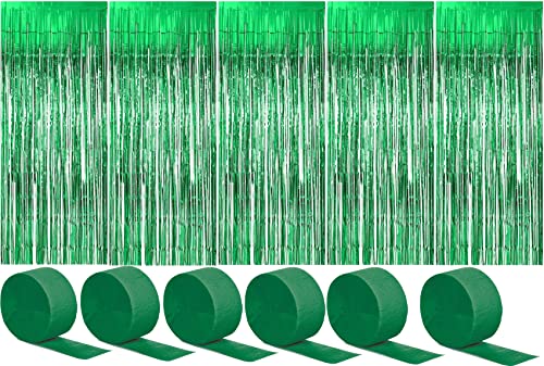 6 Stück Folienvorhänge Fransen, Metallische Glitzervorhang Fringe, Glitzer Tinsel Curtain, Folienfransen Vorhang für Weihnachtsbaum Party Deko Geburtstagsdeko + 6 Stück Krepppapier, Grün Cover