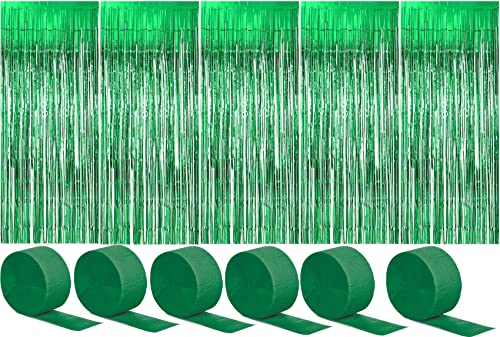 6 Stück Folienvorhänge Fransen, Metallische Glitzervorhang Fringe, Glitzer Tinsel Curtain, Folienfransen Vorhang für Weihnachtsbaum Party Deko Geburtstagsdeko + 6 Stück Krepppapier, Grün