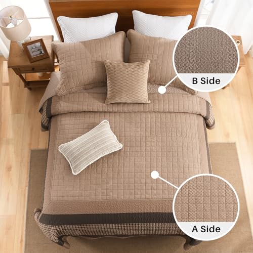 FineStichery Oversized Quilt Bedspread 120"x102" - 100% Cotton Farmhouse Queen Bedspreads Coverlet Set with Pillow Shams, Lightweight Quilted Bed Cover, 3 Piece, Brown/Beige — view 4
