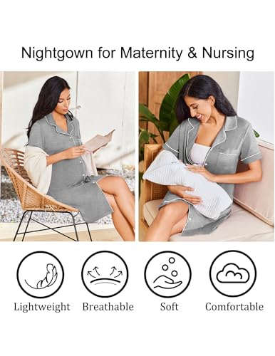 Image of Ekouaer Nightgowns for Women Bamboo Viscose Sleep Shirts Button Down Night Shirt Short Sleeve Boyfriend Pajama Dress