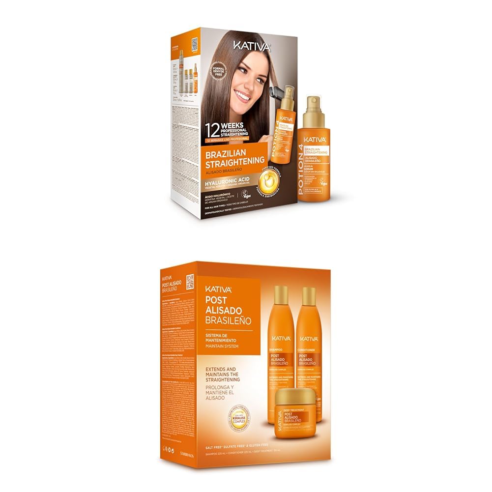 KATIVA Kit Lisciante Brasiliano alla Cheratina con Acido Ialuronico e Set 3 Trattamenti Lisciante Brasiliano – Shampoo + Balsamo + Maschera