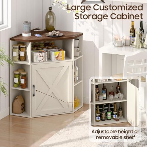 Image of Halitaa Corner Storage Cabinet, 6-Cubby Wooden Cabinet with USB Ports and Outlets, Farmhouse Corner Bookshelf with Storage Industrial Organizer for Study, Playroom, Living Room, White and Brown