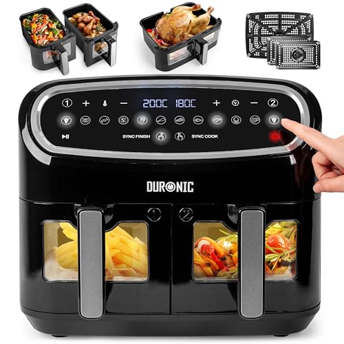 Duronic AF34 BK Set Friteuse à Air avec 1 grand tiroir de 10L et 2 petits tiroirs de 5L inclus | 10 Programmes de Cuisson Préréglés | Sans huile | Fonctions Sync Cook Sync Finish