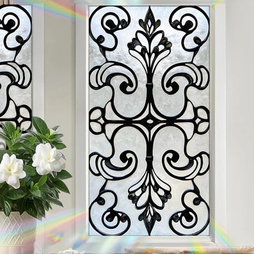 Image of Nuxovilar Black Fence Geometric Cling Window Privacy Film 17.5x39.3 PVC | Black Fence, Abstract Cling minimalist glass wrap, door privacy sticker for bathroom office home (Black Fence)