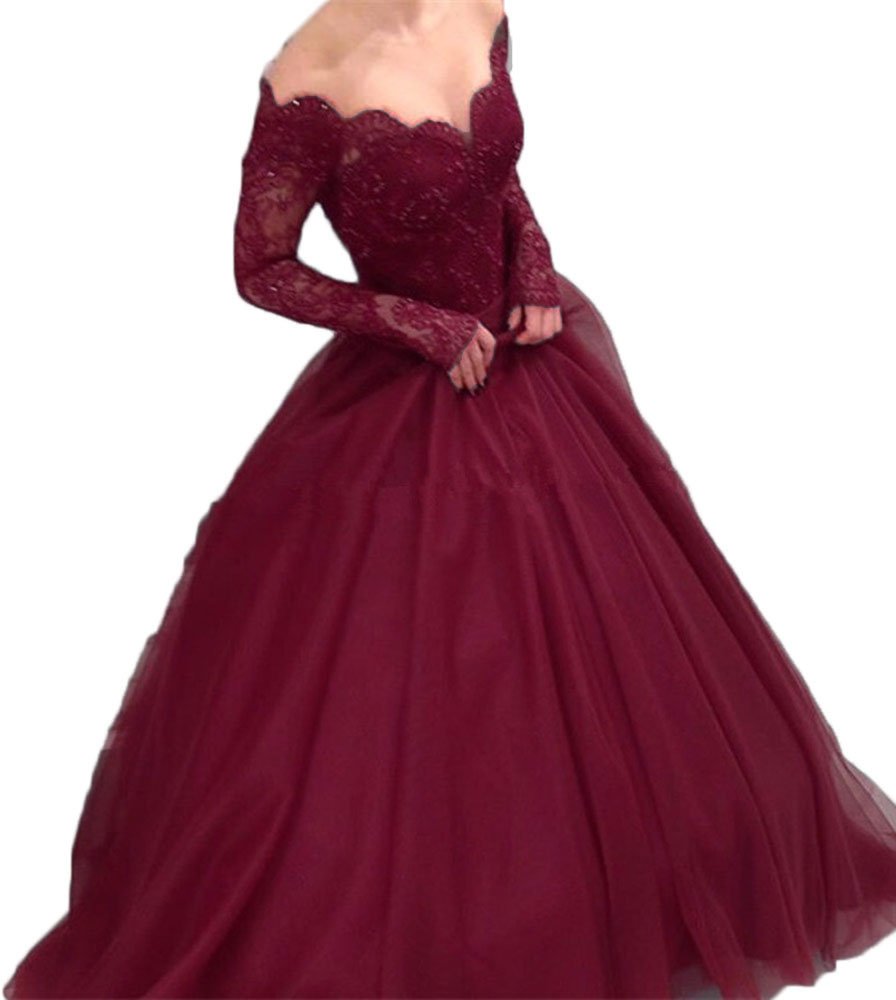 Women's Tulle Lace Evening Gown Off The Shoulder Ball Gown Quinceanera Dress Long Sleeve