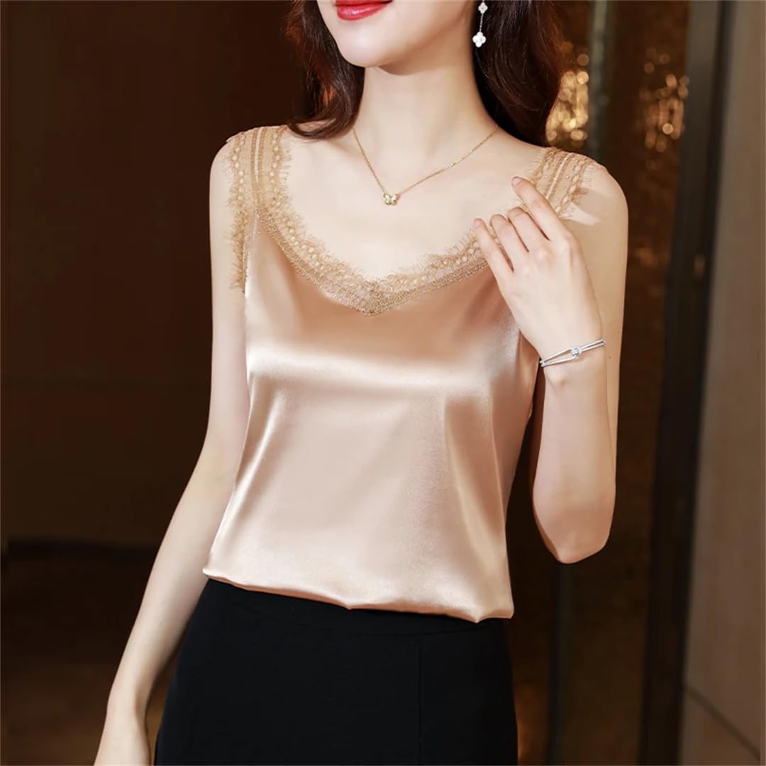 Top in pizzo da donna in raso con scollo a V estivo casual solido sciolto senza maniche