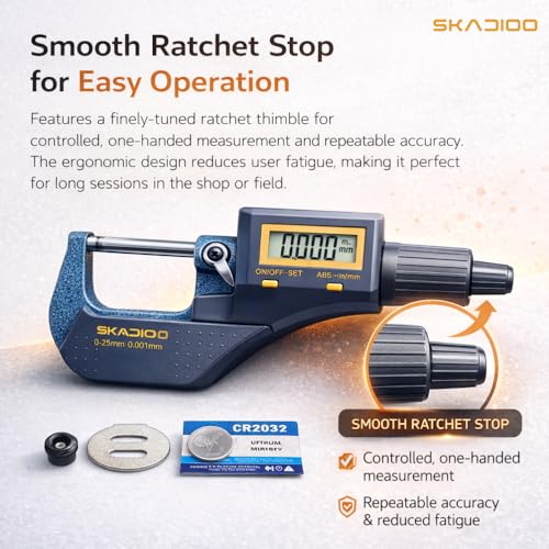 Image of SKADIOO Digital Micrometer 0-25mm / 0-1 Inch, Precision Outside Micrometer Tool ±0.0001 inch Accuracy, LCD Display, 0.001mm Resolution, Inch /Metric Measuring Screw Gauge for Machinist & DIY