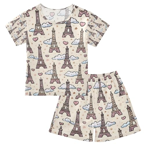 senya Cartoon Eifel Tower A Summer Pajamas Set Short Cotton Sleepwear 2 Piece
