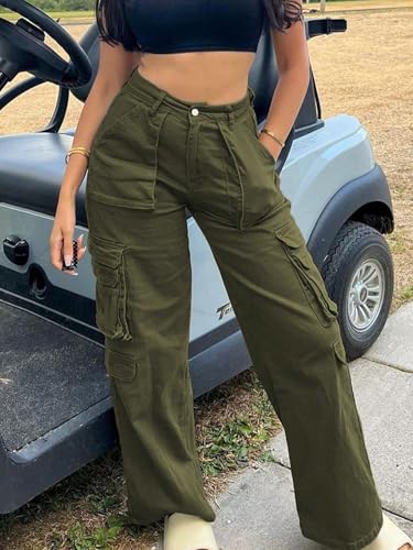 Womens High Waisted Cargo Pants Wide Leg Pants with Pockets Casual Solid Color Trousers3
