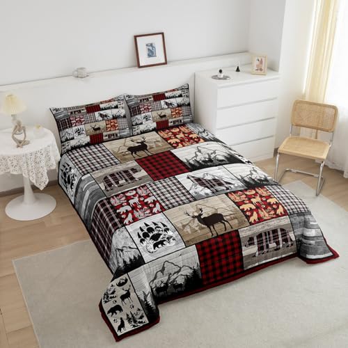 Image of Feelyou Plaid Deer Elk Bear Wolf Comforter Set for Girls Boys Rustic Cabin Farm Forest Camping Hunting Comforter Farm Forest Bedding Set Farmhouse Lodge Duvet Set Queen Size Quilt Set