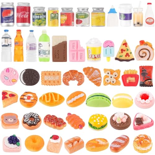 50 Pcs Miniature Food and Drink Bottle Soda Pop Cans Pretend Play Mini Kitchen Game Party Decorations Supplies Hamburg Cake Ice Cream for 1/12 Doll House Dollhouse Kitchen Play Resin Mini Food