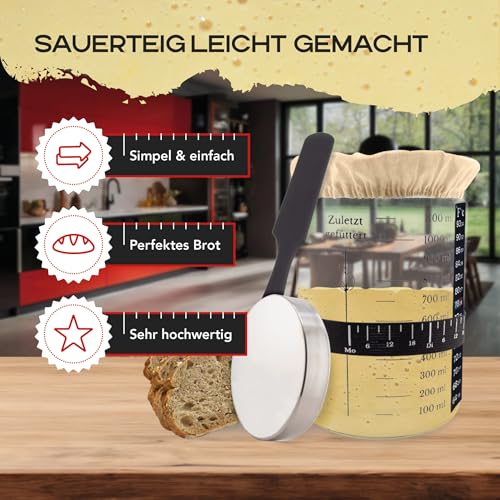 MEISTERZWECK4U Sauerteig Starter Set zum Brot backen - 1100ml Gärglas mit Thermometer, Fütterungsband...