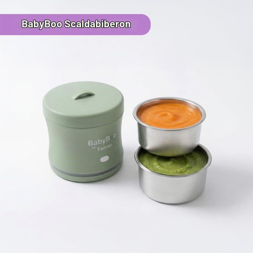 BABYBOO Scaldapappe Portatile + Set Contenitori Interni in Acciaio Inox Bundle - Scaldabiberon e Pappa con Batteria, Controllo App, 2 Contenitori + 2 Coperchi, Senza BPA, per Casa e Viaggio