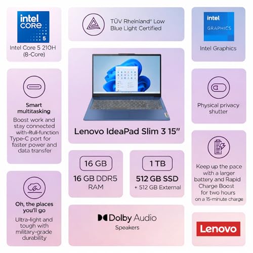 Image of Lenovo IdeaPad Slim 3i - WUXGA Touchscreen Laptop - Intel Core 5 210H (8-Core, Outperforms Intel Core i7-13620H) - Backlit Keyboard - 16GB DDR5-1TB Storage(512GB SSD w / 512GB External)