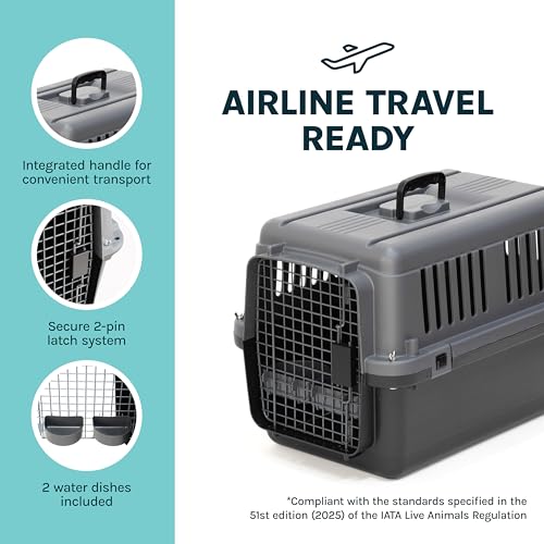 Image of SportPet Airline Compliant Small 24 inch Travel Dog Kennel - Durable Plastic Airline Pet Carrier (No Wheels) & Food Bowls, Collapsible Indoor /Outdoor Dog Kennel, Dogs up to 21 inch L & 13 inch H - Dark Gray
