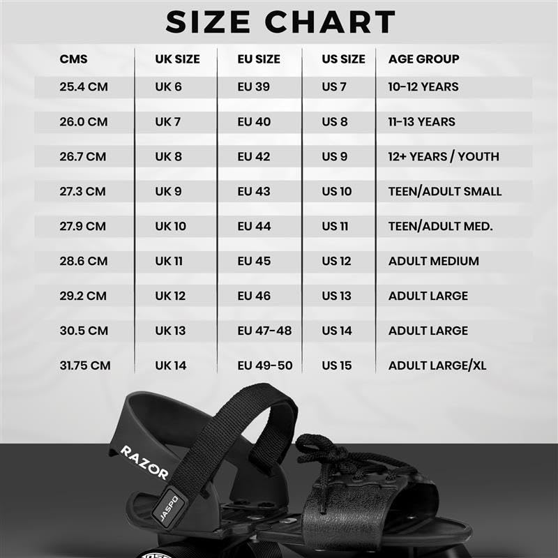 Image of JASPO Razor Adjustable Roller Skates | Unique Ankle Support | 61mm PU Wheels | Anti-Skid Surface | Lightweight | Quad Skates for Kids & Adults (Size 25-31 cm, Age 8+)