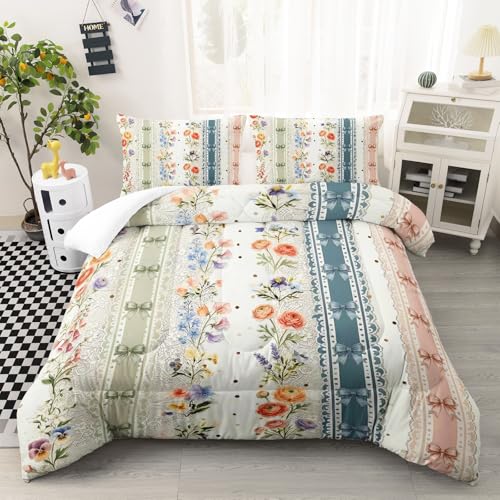 Image of AILONEN Colorful Floral Comforter Set Queen Size, Cottagecore Aesthetic Bowknot Bedding with 2 Pillowcases,3Pcs
