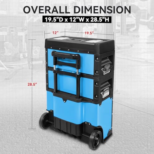 Image of Auto Dynasty 3-Tier Stackable Tool Box, 19.5 Inch 3-in-1 Rolling Tool Box with Wheels, Portable Steel and Plastic Rolling Upright Trolley Toolbox Organizer for Garage Workshop, 3-Piece Set, Blue