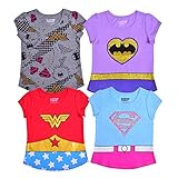 DC Comics Justice League Girls Short Sleeve T-Shirt 4 Pack for Toddlers and Big Kids – Grey/Purple/Red/Blue
