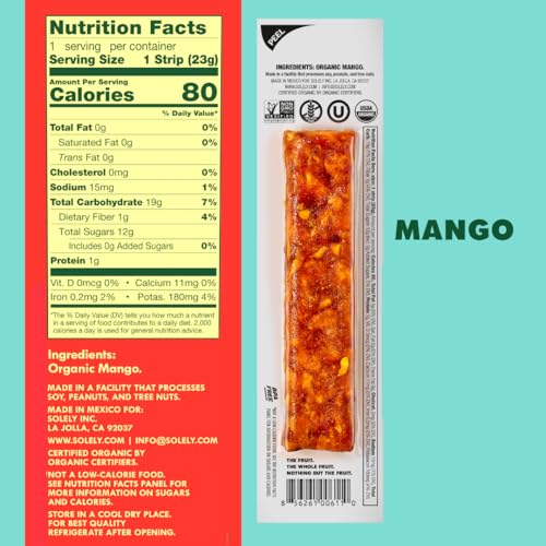 Image of SOLELY - Organic Mango Fruit Jerky - 1 Individually Wrapped Fruit Strip - Fruit Leather Made from Dried Fruit - Healthy Snacks for Adults & Kids - Non GMO, Vegan Snacks, Shelf Stable - 0.8oz (23g)