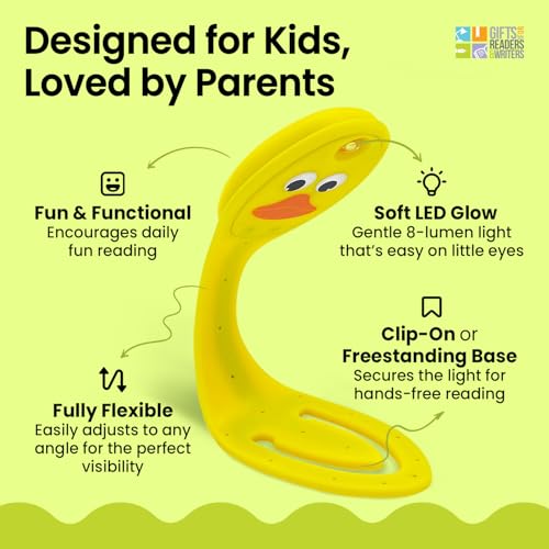 Image of Gifts for Readers & Writers Book Light, Clip On Reading Light for Bed, 2in1 Flexilight & Bookmark, Small & Lightweight with a Soft Glow, 2 Batteries Included, Duck