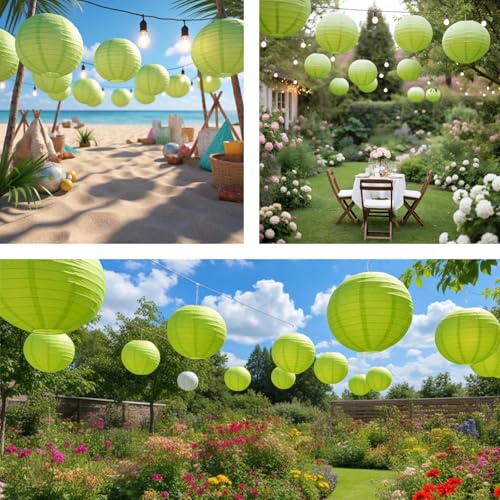 Image of Green Chinese Paper Lanterns with LED Lights, 10-Pack 10inch | Hanging Lights for St. Patrick's Day, Garden Party, Birthday Decorations, Ceiling Decor, Home Party & Baby Shower