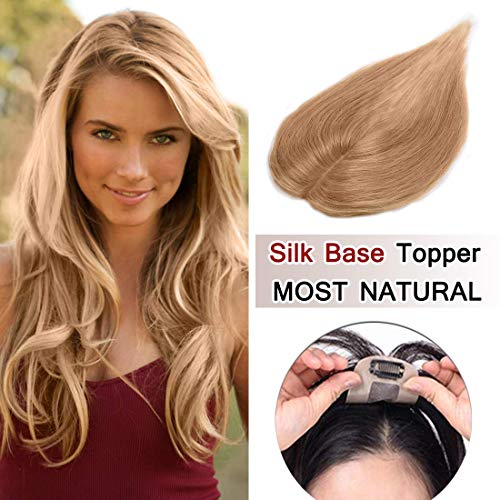 100% Density Top Hair Pieces Silk Base Crown Topper Human Hair Clip in Hair Toppers Top Hairpieces for Women with Thinning Hair Gray Hair/Hair Loss#27 Dark Blonde 10 inches 20g