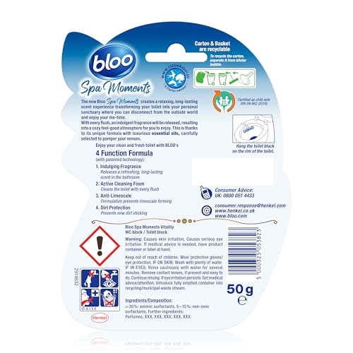 Image of Bloo Spa Moments Vitality Toilet Rim Block, Premium Toilet Cleaner with Essential Oils, Toilet bowl freshener with Relaxing and Long-Lasting Scent - 1 x Toilet Block.
