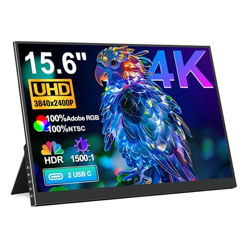 Image of 4K Portable Monitor 15.6 inch 3840x2400 UHD USB-C HDMI 100%NTSC 1500:1 Display | 100% Adobe RGB IPS Computer Gaming HDR Monitor w /Speakers & Kickstand for Laptop Xbox PS5 Switch PC Phone