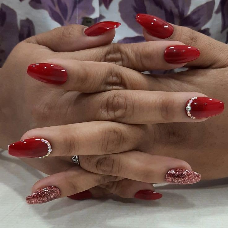 Artificial Nails: Glossy Red Glitter With AB Rhinestone Bridal Nails/Shape Coffin (Set of 12 with nail glue, nail file, cuticle pusher, cleaning wipe)-picture-33