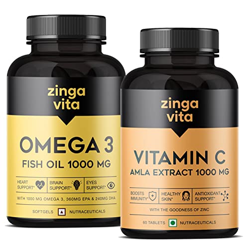 Zingavita Maximum Strength Omega 3 Fish Oil 1000mg Capsule For Men & Women (360 Mg EPA & 240 Mg DHA) + Vitamin C Tablets with Natural Amla & Zinc, Immunity Booster Antioxidant- Sugar Free, Combo Pack Zingavita Maximum Strength Omega 3 Fish Oil 1000mg Capsule For Men & Women (360 Mg EPA & 240 Mg DHA) + Vitamin C Tablets with Natural Amla & Zinc, Immunity Booster Antioxidant- Sugar Free, Combo Pack