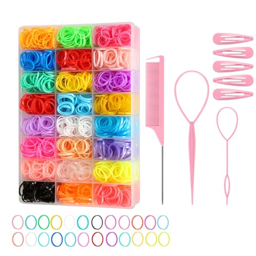 Image of CZZXI 2500pcs Hair Elastics, 24 Color Colorful Small Rubber Bands with Organizer, Topsy Turvy Hair Tool Hair Accessories for Girls, Toddlers, Kids