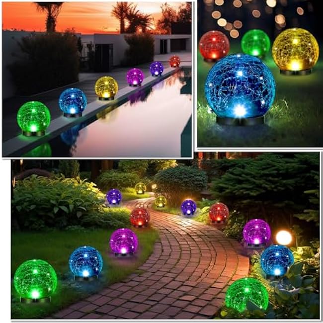 6pc Extra Large Solar Globes Outdoor Cracked Glass Ball Crstl Multi-Color Pre Lit Glob Light Waterproof Yard Lawn Garden Decor (4.72)