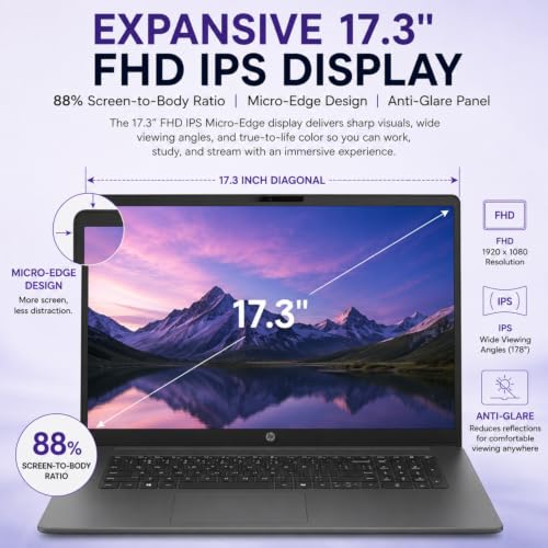 Image of HP OmniBook 3 Business Laptop, 2026 Edition, 17.3 inch FHD IPS Micro-Edge Display, Intel Core Ultra 7, 16GB DDR5 RAM, 1TB PCIe SSD, Backlit Keyboard, Wi-Fi 7, Thin & Lightweight, Windows 11