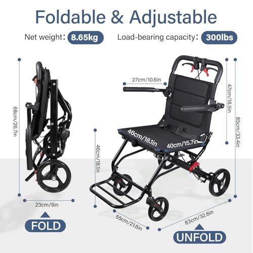 Image of 𝟐𝟎𝟐𝟔 𝐔𝐩𝐠𝐫𝐚𝐝𝐞 Wide Seat Transport Wheelchair - Foldable Lightweight Travel Wheelchair for Seniors, All Terrain Portable Chair, 300lbs Capacity with Brakes, Seat Belt