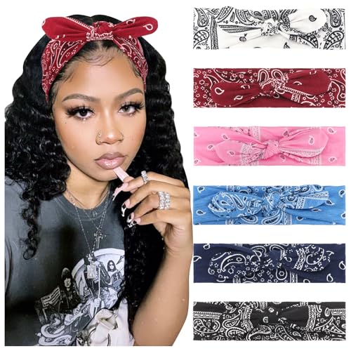 DRESHOW 6 Pack Wire Boho Headbands for Women with Rabbit Ears Bow Twist Headband Printed Vintage Wire Hair Holder