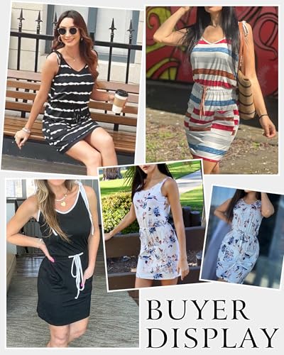 Image of AUSELILY Womens Summer Dresses Sleeveless Spaghetti Strap Beach Cover up Drawstring Waist Mini Short Dress with Pockets