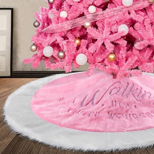 yuboo Pink Christmas Tree Skirt 48 inches, Large Faux Fur Fluffy - Furry Tree Rug Skirt with White Snowflakes Pink Christmas Decor Onaments for 7FT Christmas Tree
