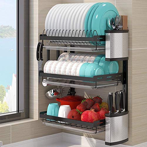 GUHPZA Escurridor De Platos De Acero Inoxidable De Pared, con Bandeja De Drenaje, Instalación Perforada, 3 Capas, Negro, 55,5 X 26,6 X 41,2 Cm