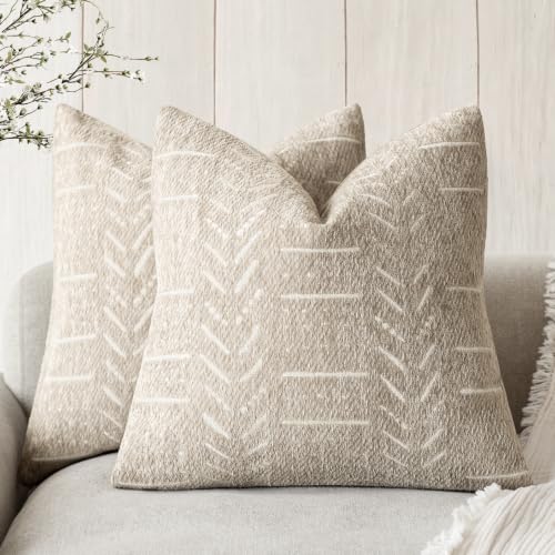 Image of Foindtower Set of 2 Decorative Chenille Jacquard Throw Pillow Covers Textured Farmhouse Vintage Cushion Covers Neutral Boho Accent Home Decor for Sofa Chair Couch Living Room,18x18 Inch,Natural Beige